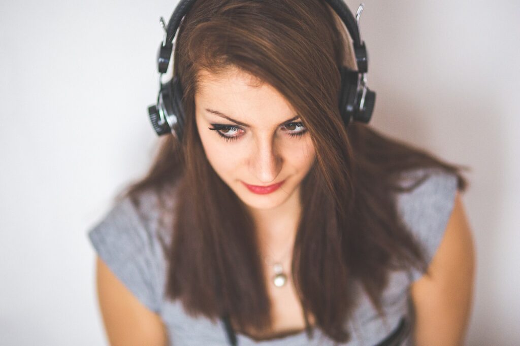 girl, headphones, listen