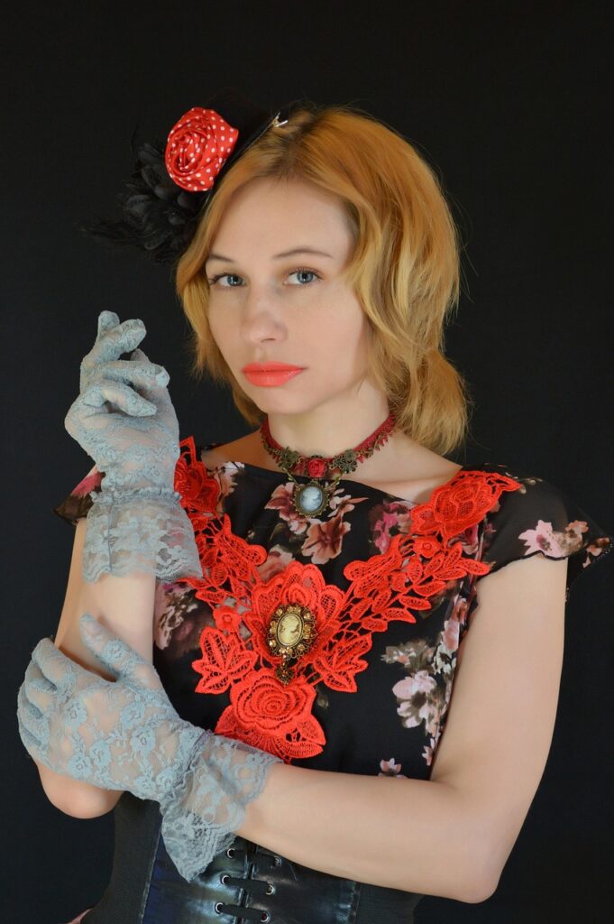 vintage, image, retro, young woman, hand made, lace collar, gloves, hat, woman portrait in a hat, cosplay, hand made clothing, brooch, brooches, brooch, brooch, brooch, brooch, brooch, brooches
