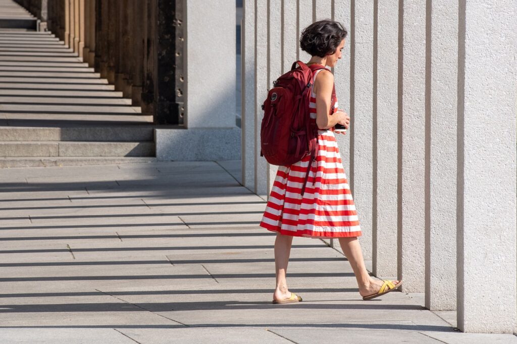 woman, dress, stripes, shadow, female, street, backpack, casual, outfit, stripes, street, backpack, backpack, backpack, backpack, backpack, outfit