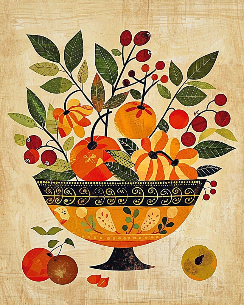 ai generated, fruits, nordic folk art, folk art illustration, fruit illustration, traditional art, scandinavian design, home decor art, art collection, cultural art, modern folk art, art inspiration, food, harvest