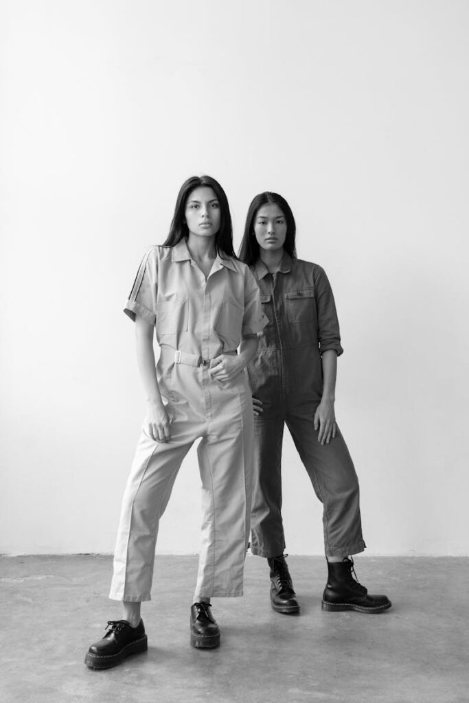 Stylish black and white portrait of two women in jumpsuits posing in a studio setting.