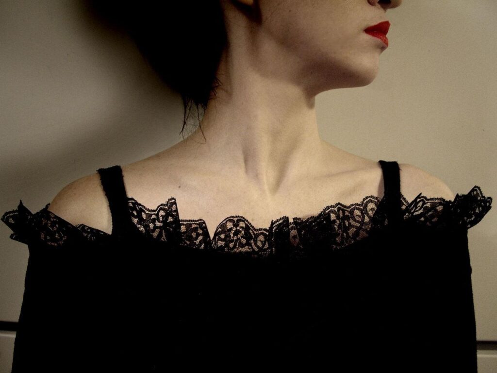 black, dress, lace, gown, woman, female, lipstick, lace, lace, lace, lace, lace, gown