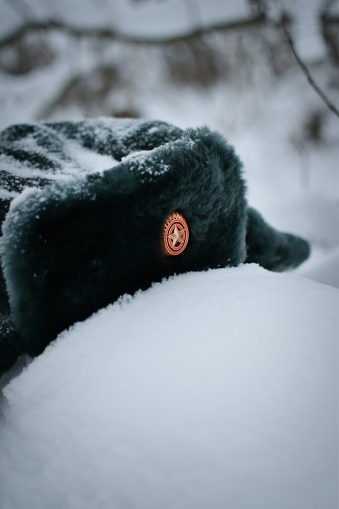 Close-up of a traditional ushanka hat with snow in a winter landscape.