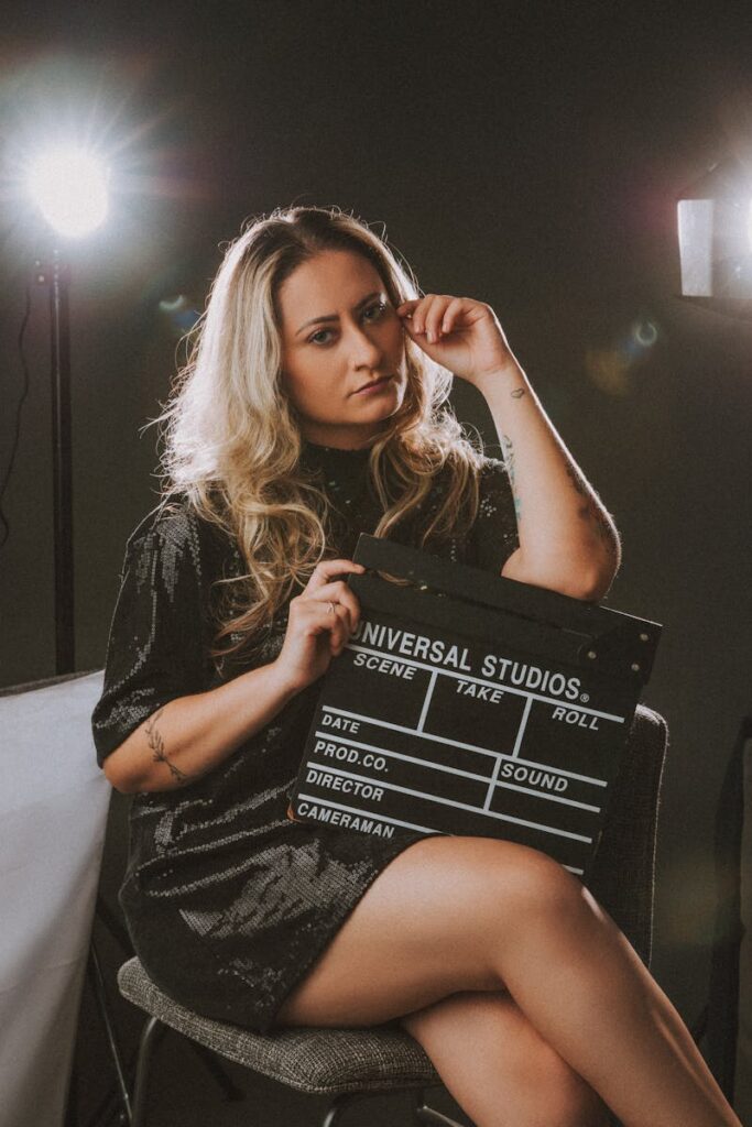 Blonde woman in black dress posing with clapperboard under studio lighting.