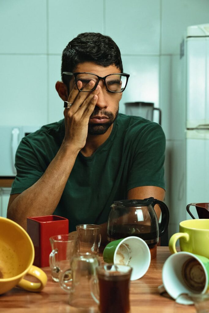 Exhausted man with glasses surrounded by empty coffee cups in a cluttered kitchen.