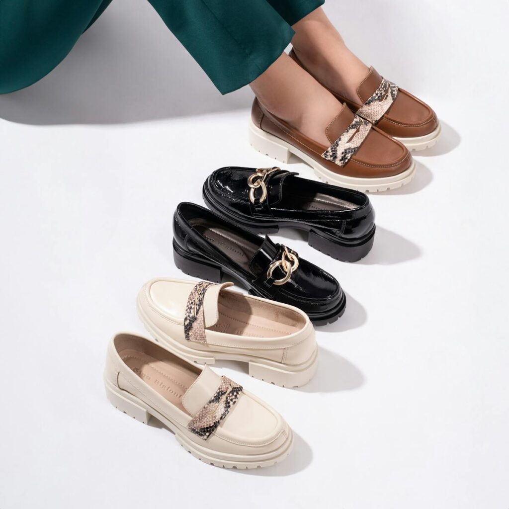 Stylish women's loafers showcased in a studio shoot with a white background.
