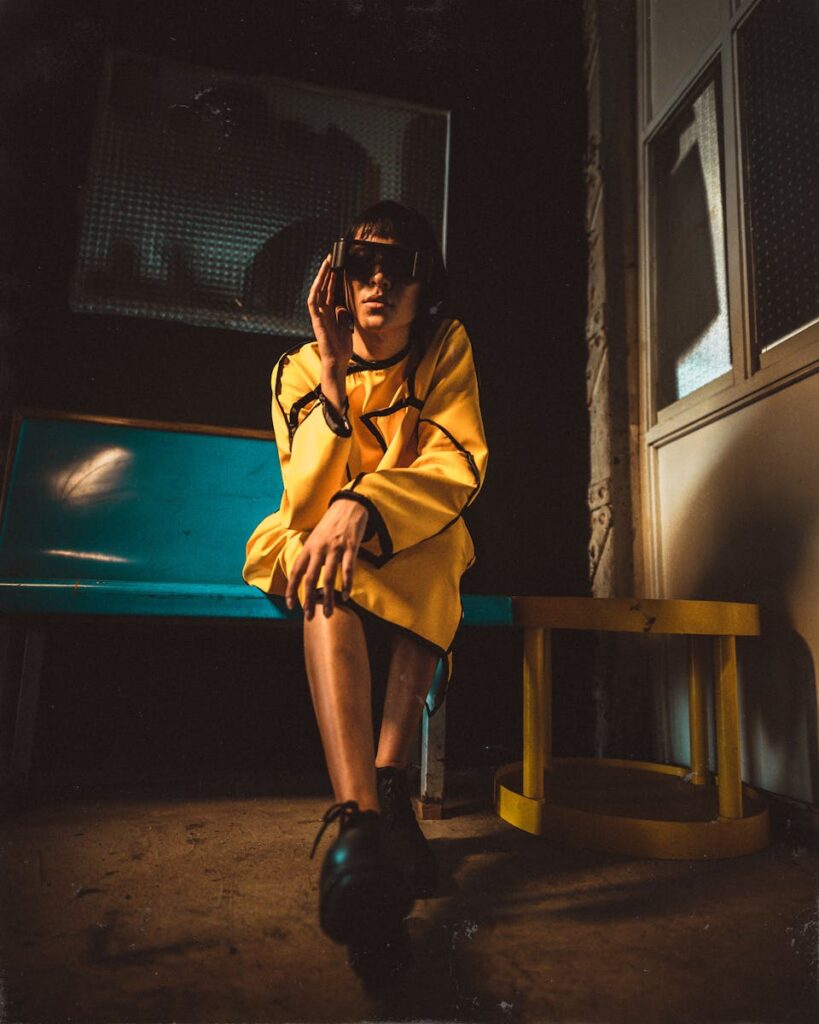 Chic urban portrait featuring a woman in stylish yellow attire, showcasing modern fashion.