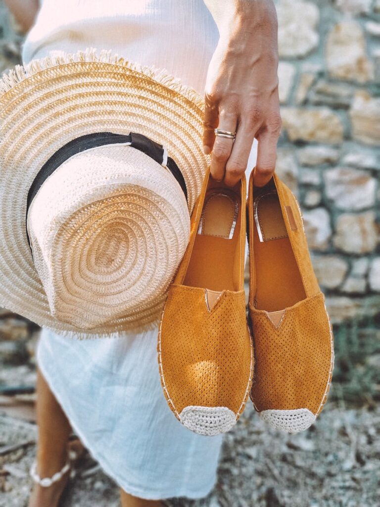 Elegant summer fashion featuring a straw hat and espadrilles for a beach-ready look.