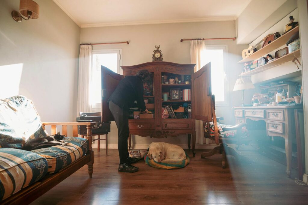 Warm living room with a person organizing a wooden cabinet and a dog resting on the floor.