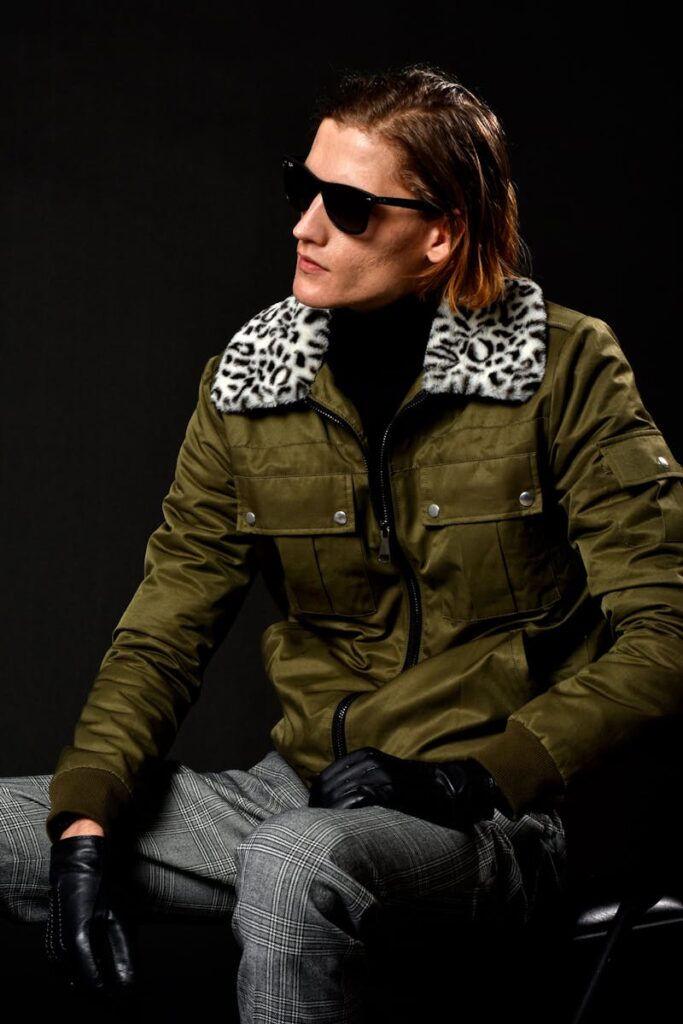 Portrait of a stylish man in a fur-collared jacket and sunglasses, exuding winter fashion vibes.