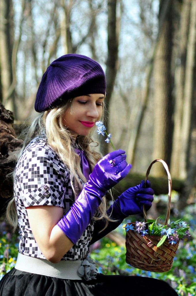 forest, woman, spring, beret, gloves, spring forest, trees, wild forest, thicket, posing, smile, beret, beret, beret, beret, nature, beret