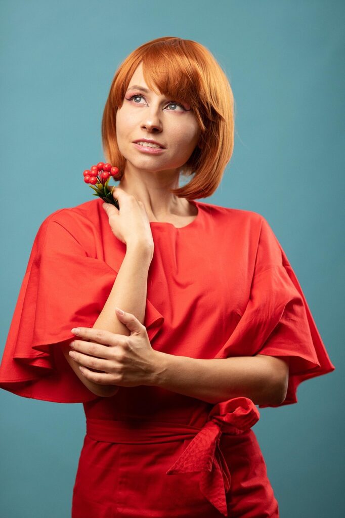redhead, red hair, young woman, woman, a haircut, laying, wig, barber, beauty salon, style, image, red dress, beautiful, a haircut, wig, wig, wig, wig, wig, barber, barber, beauty salon