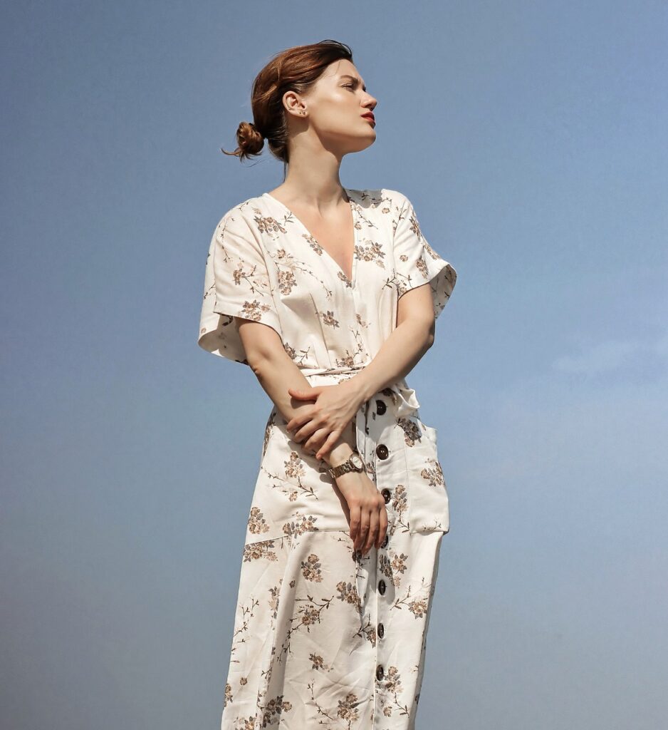 woman, portrait, model, dress, fashion, style, stylish, outfit, stylish woman, female model, fashion model, young, floral dress, female portait, sky, look away, dress, dress, dress, nature, dress, dress, fashion, fashion model