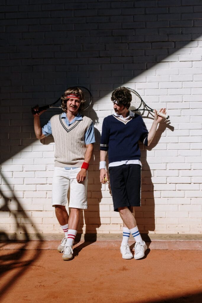 Two men in vintage sportswear holding tennis rackets, embodying retro style.