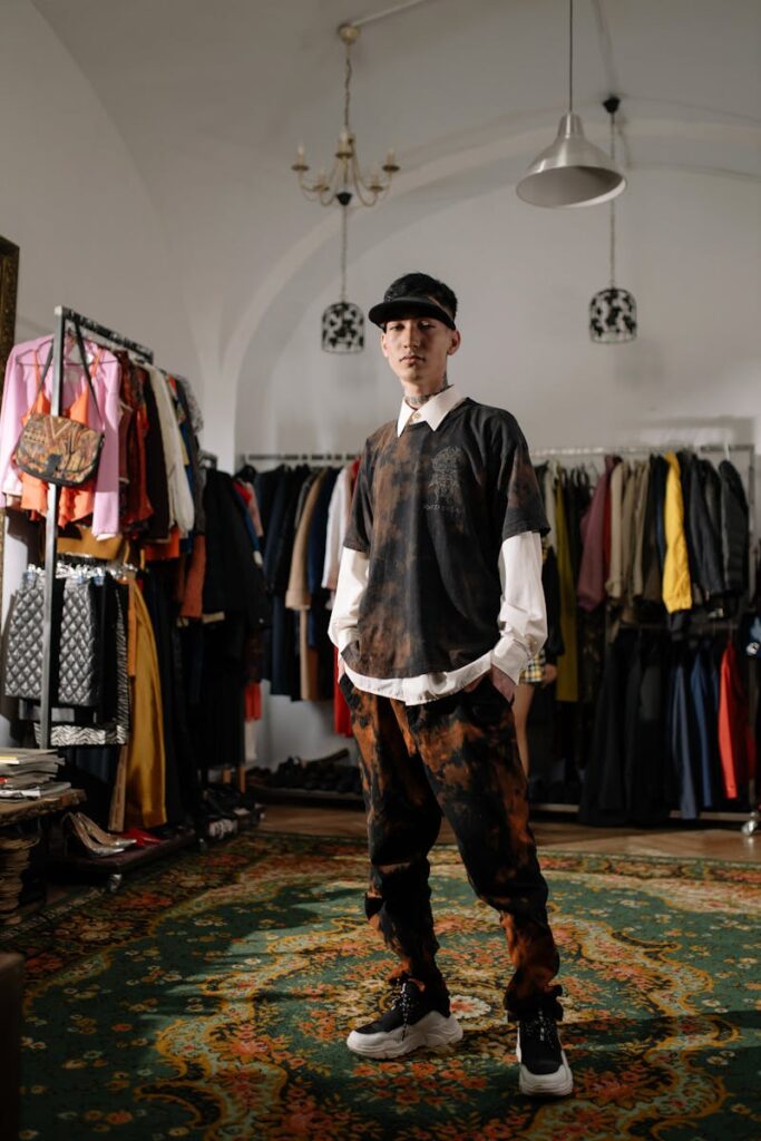 Stylish young man poses in a modern showroom with vintage flair and fashionable outerwear.