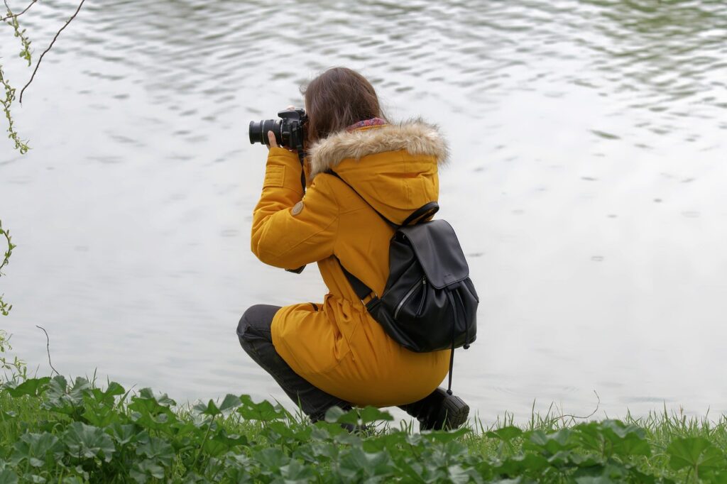 lakeshore, woman, photographer, photographing, lake, casual, backpack, grass, nature, photographer, photographer, photographer, photographer, photographer, backpack