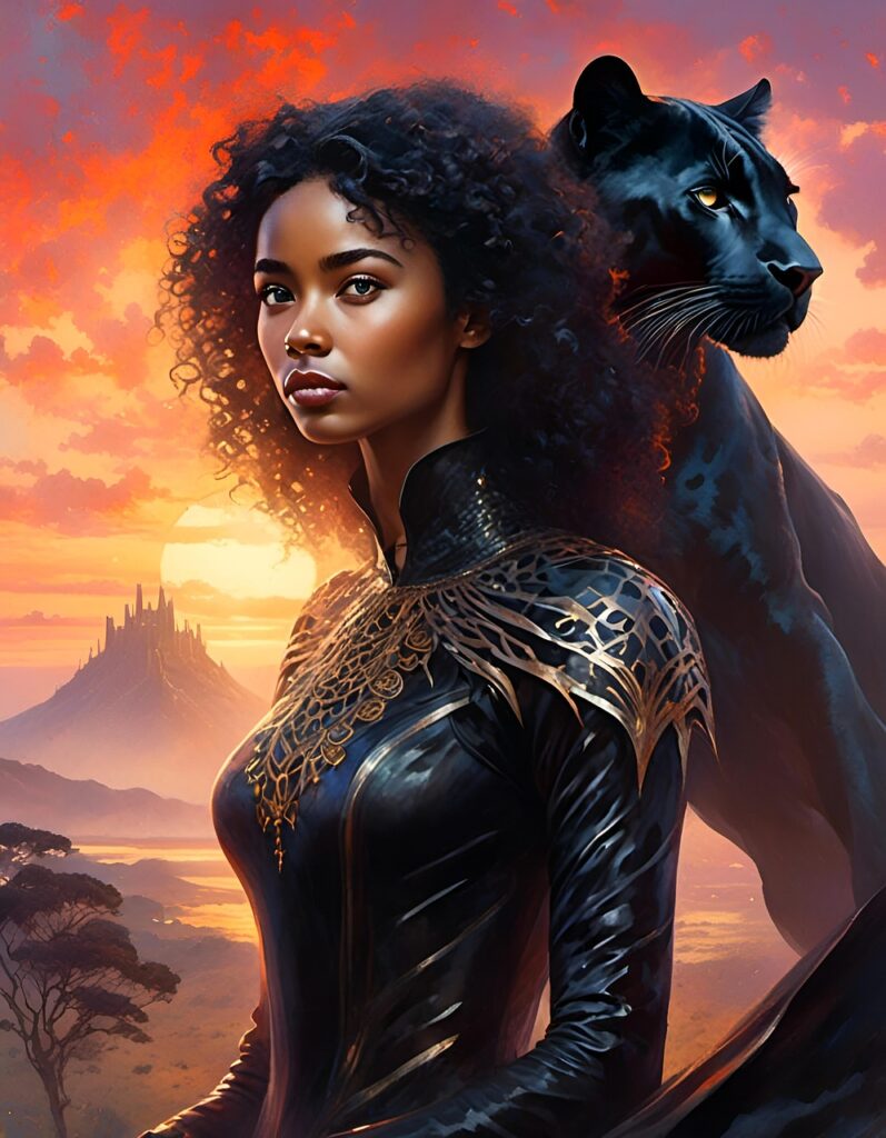 ai generated, woman, black panther, sunset, mountains, nature, portrait, black panther, black panther, black panther, black panther, black panther