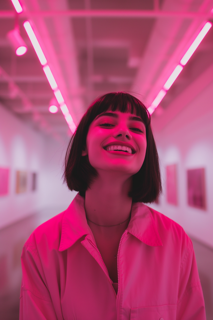 ai generated, pink, woman, beautiful, smiling, laughing, fashion, female, model, dark hair, bobbed hair, neon, asian, mixed race, bob cut