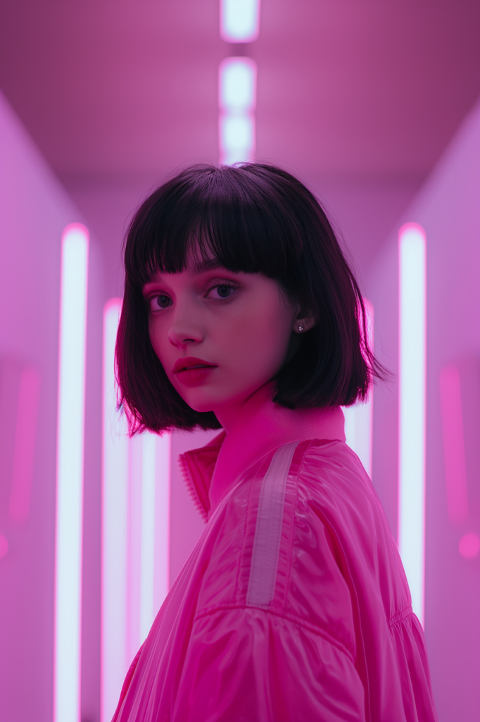 ai generated, pink, woman, beautiful, smiling, laughing, fashion, female, model, dark hair, bobbed hair, neon, asian, mixed race, bob cut