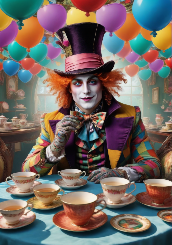 mad hatter, tea party, alice in wonderland, balloons, tea, colorful, clown, fantasy, man, portrait, male, model, fictional character, costume