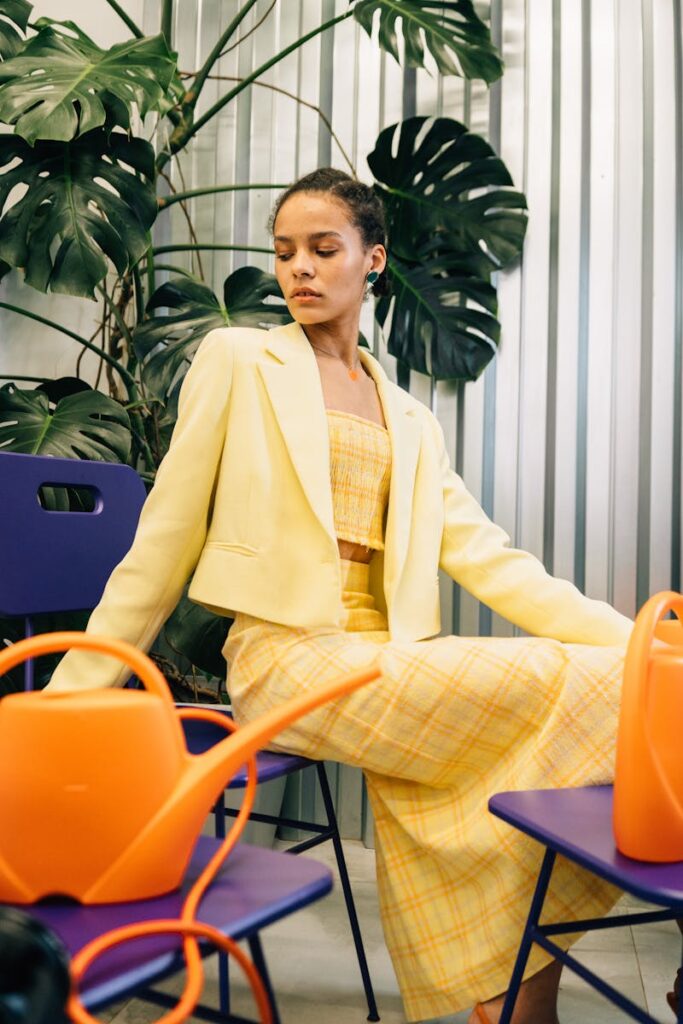 Stylish woman in yellow attire sitting among chairs with plants and watering cans.