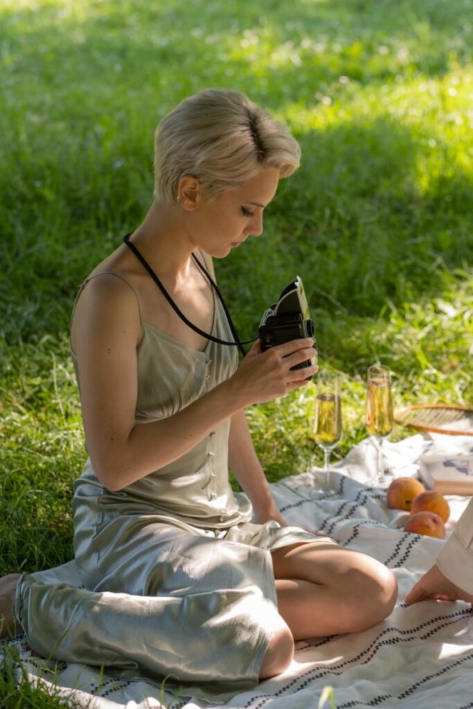 A woman with short blonde hair holding a vintage camera during a picnic on a sunny day.