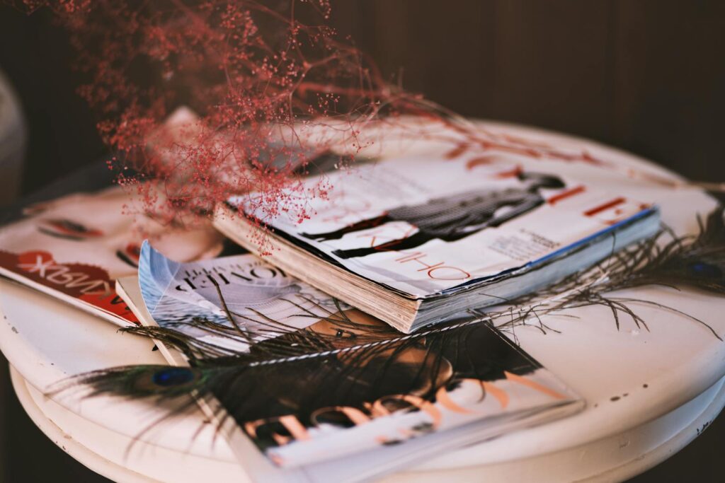 Stylish arrangement of fashion magazines on a table with peacock feathers and dried flowers.
