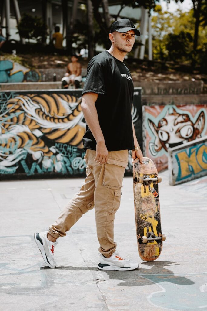 Young man walking with skateboard at a vibrant skatepark.