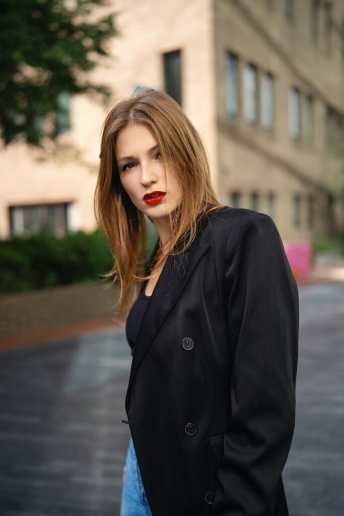 Elegant portrait of a fashionable woman in London, showcasing modern style and confidence.