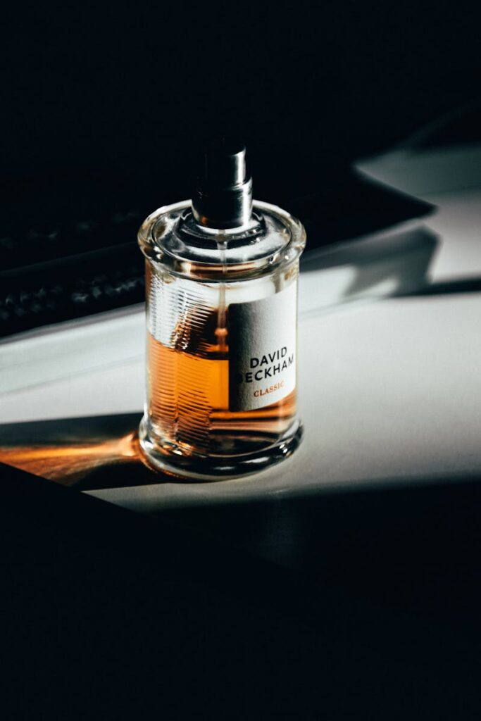 Elegant product photography of a luxury perfume bottle with dramatic lighting.
