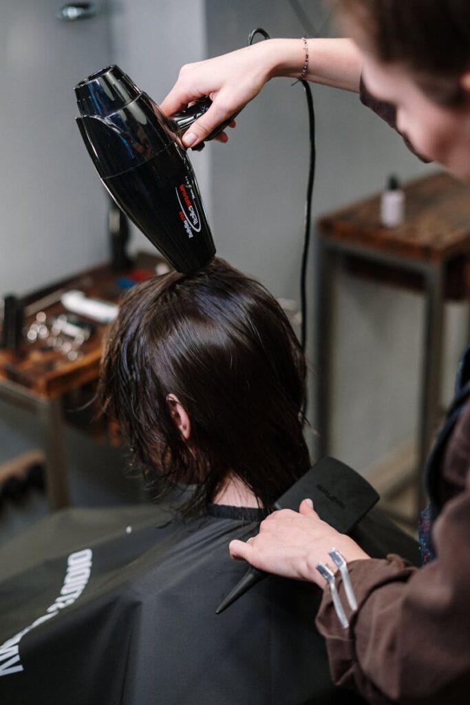 Hair stylist blow-drying a client's wet hair in a modern salon, capturing a professional hair care routine.