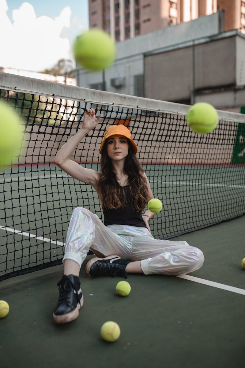 Woman in stylish attire with tennis balls on an urban court, blending fashion with sports.