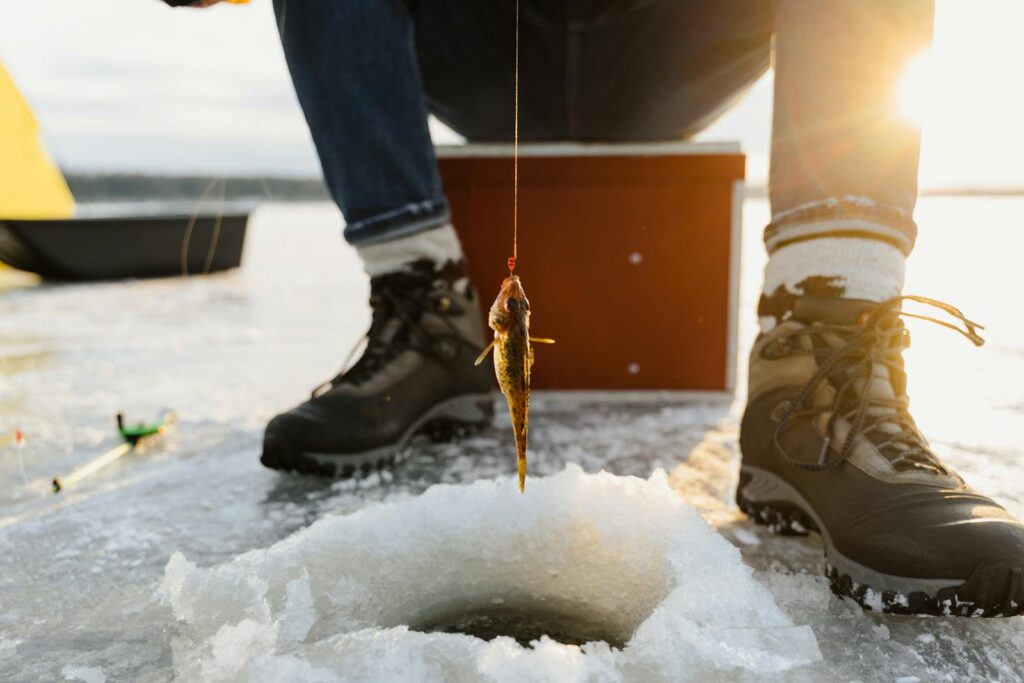 A captivating ice fishing scene with a small fish caught at sunrise on a frozen lake.