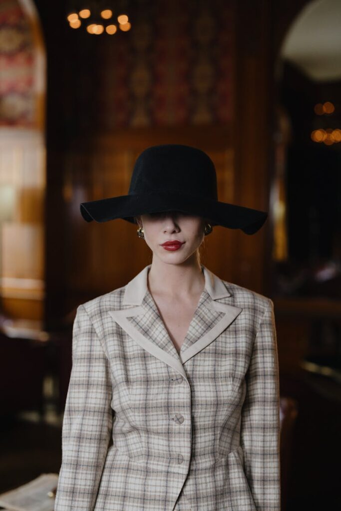 Sophisticated woman in a plaid blazer and wide-brim hat exuding vintage style indoors.