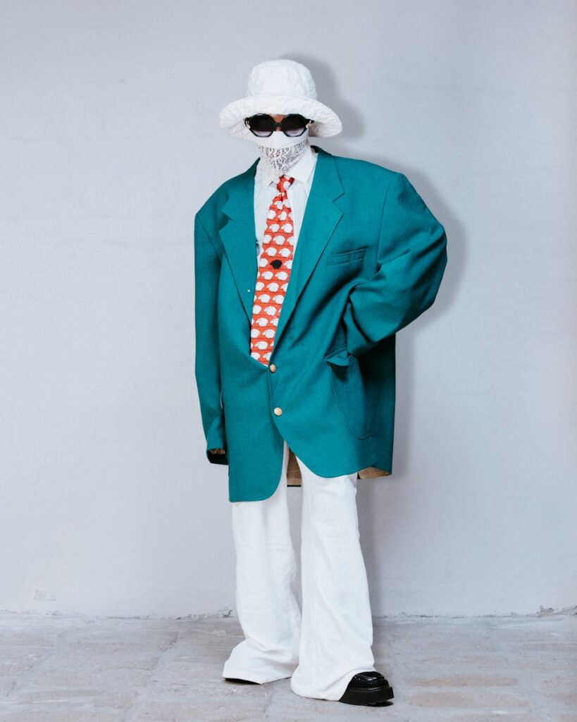 Stylish oversized fashion outfit with bold colors and accessories captured in a studio setting.