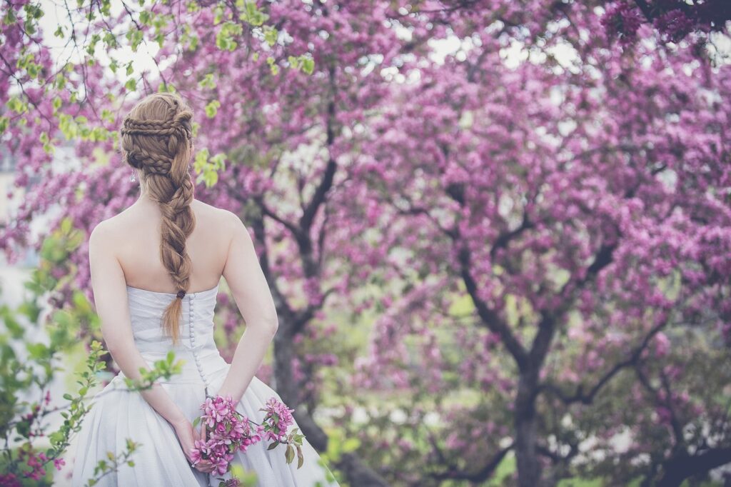 bride, nature, wedding, flower wallpaper, woman, outdoors, girl, blossoming trees, flowers, braided hair, wedding gown, bridal gown, white dress, beautiful flowers, bride, bride, wedding, wedding, wedding, flower background, wedding, wedding