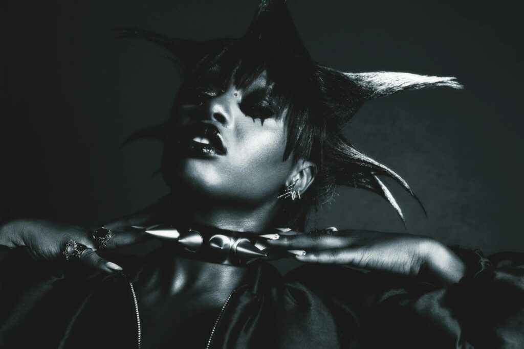 Dramatic portrait featuring punk hairstyle and bold accessories in a moody black and white style.