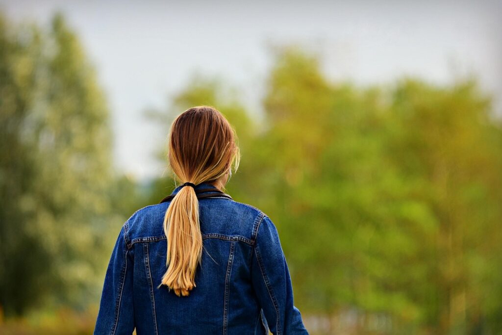 woman, solitary, hair, ponytail, denim jacket, walking, people, ponytail, ponytail, ponytail, ponytail, ponytail
