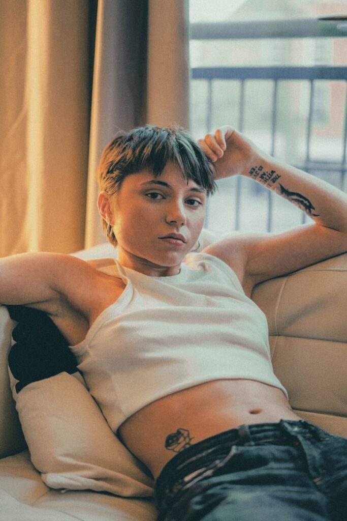 a woman lying on a couch