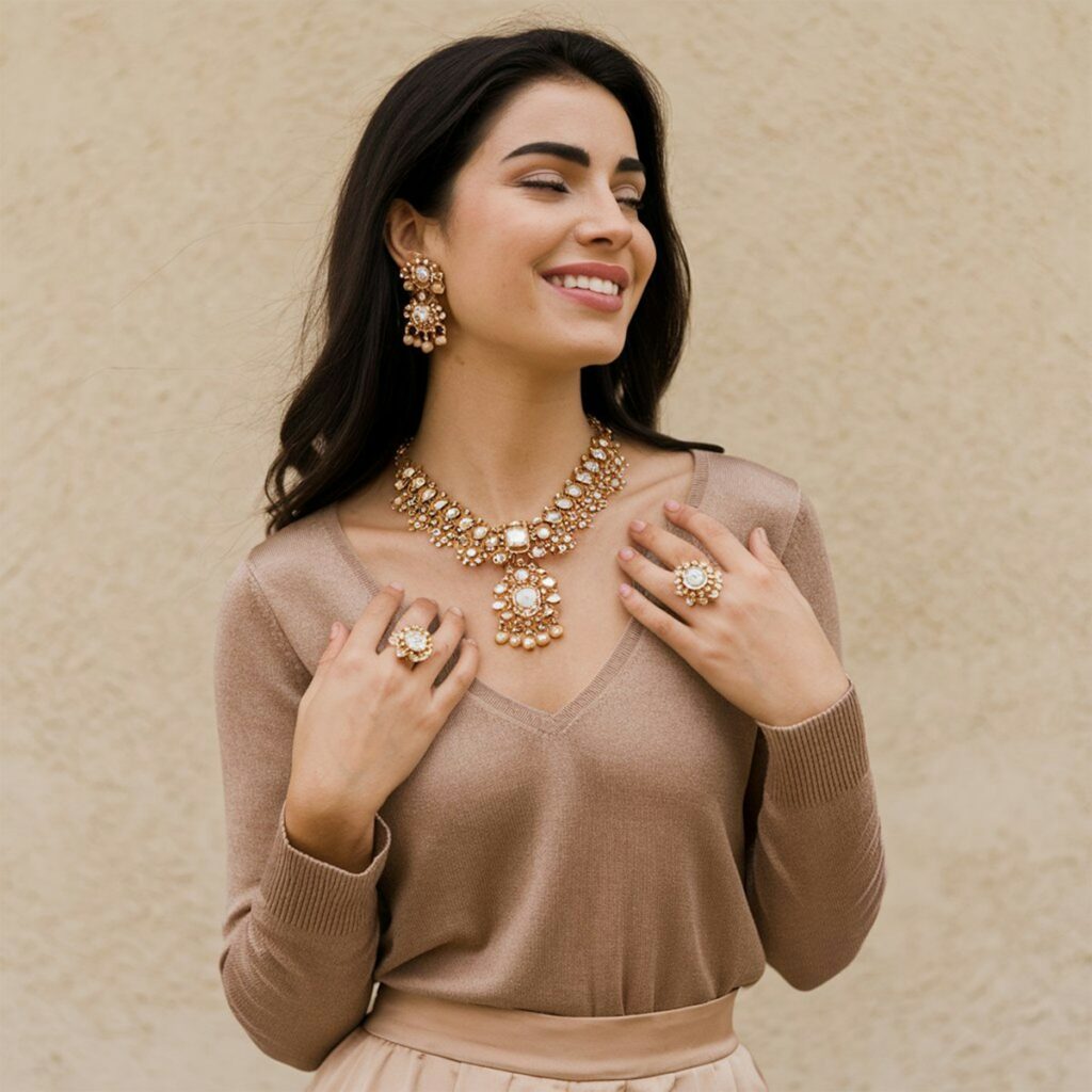 A woman wearing a tan dress and gold jewelry