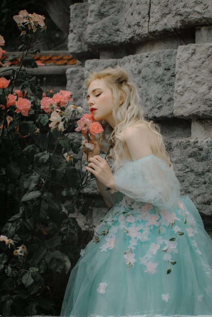 Blonde woman in a floral gown poses dreamily among blooming roses outdoors.