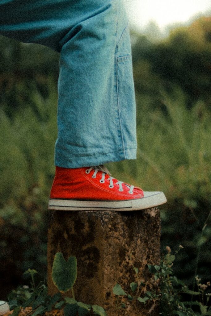 Close-up of a red sneaker on a stone in a grassy outdoor setting.