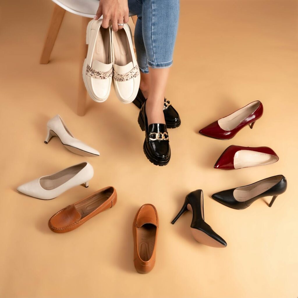 Explore a chic variety of women's shoes in a stylish studio setting.