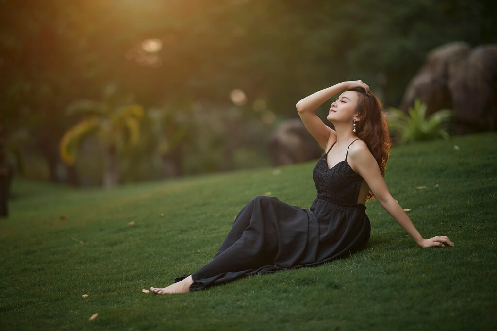 woman, grass, sunset, portrait, dress, countryside, beauty, nature, happiness, lifestyle, garden, model, fashion, style