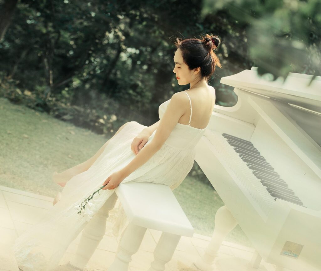 piano, girl, white slip dress, woman, beauty, model, pose, afternoon, piano, piano, piano, piano, piano