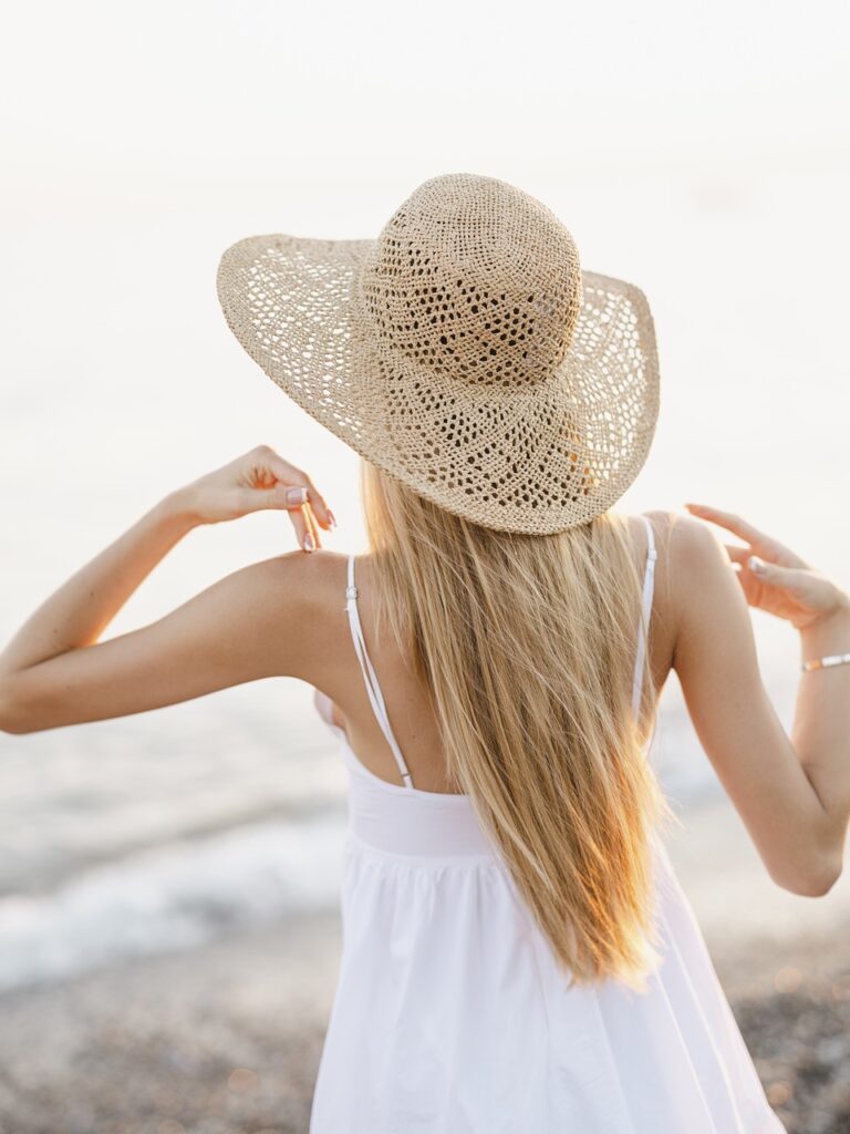 woman, dress, hat, back, girl, beautiful, model, coast, holiday, tourism, trip, wicker hat, nature, fashion, clothes, white dress, attractive, youth, portrait, hair, beach