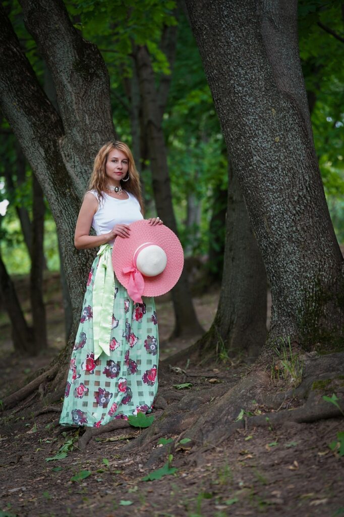 woman, portrait, long dress, hat, nature, forest, stroll, vintage, retro, fashion, style, dress, maxi dress, park, summer, summer clothes