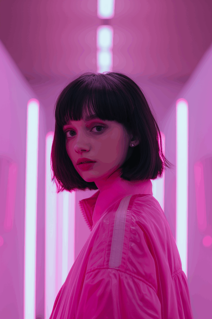 ai generated, pink, woman, beautiful, smiling, laughing, fashion, female, model, dark hair, bobbed hair, neon, asian, mixed race, bob cut