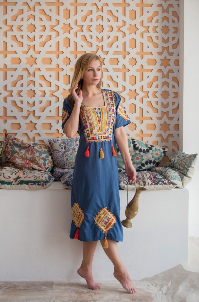 woman, moroccan style, arabic interior, model, posing, dress with embroidery