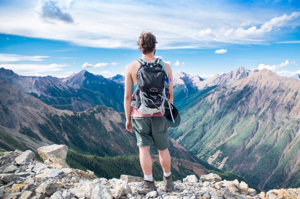 adventure, altitude, backpack, climb, exploration, freedom, high, hike, landscape, nature, man, mountain peaks, mountains, outdoors, person, pinnacle, rocks, scenic, sky, summer, travel, trek, view, viewpoint, blue sky, blue travel, blue landscape, blue mountain, blue summer, blue rock